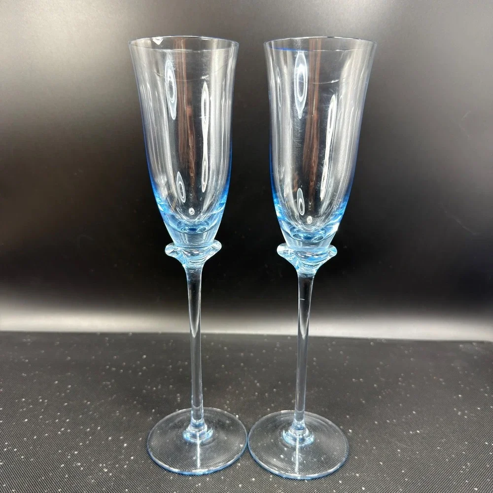 Cristal D'Arques Blue Champagne Flutes Set of 2 Lead Crystal 9.5 Inch Tall Glass